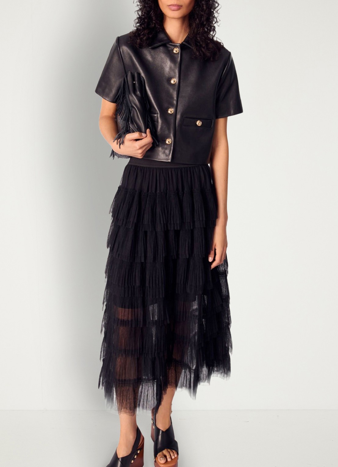 Maje Cropped jack van leer met steekzakken - detail 5 zwart