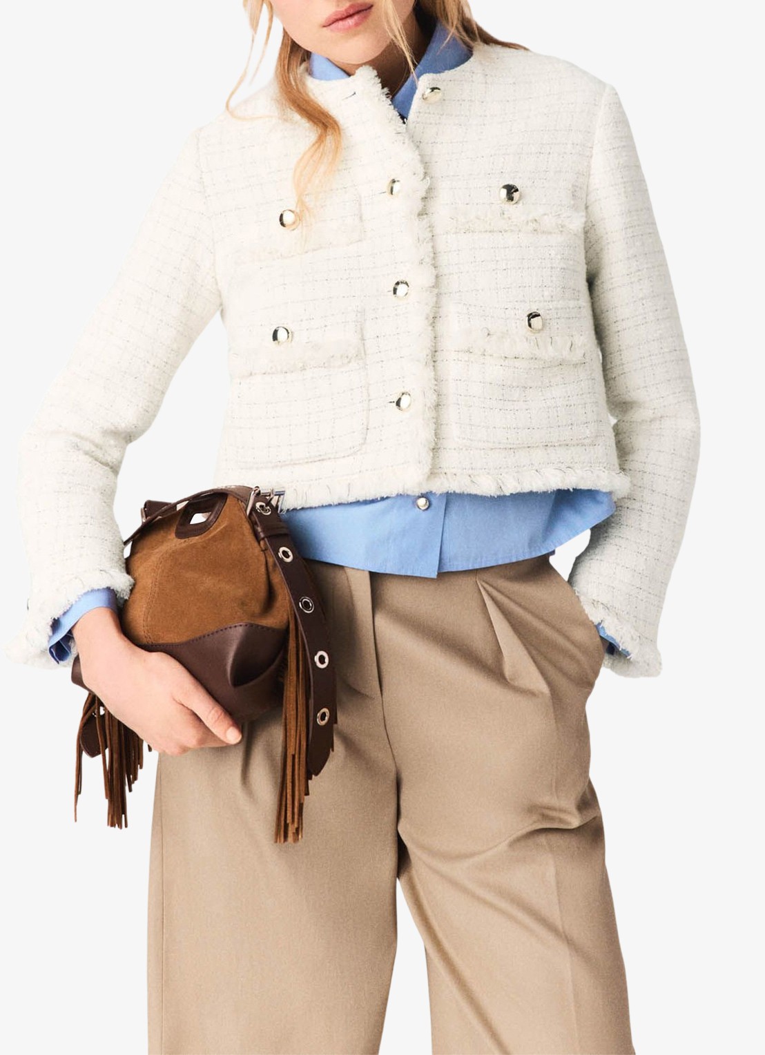 Maje Cropped jack van tweed met opgestikte zakken - detail 4 beige