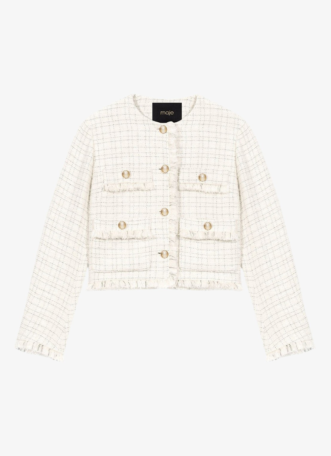Maje Cropped jack van tweed met opgestikte zakken - voorkant beige