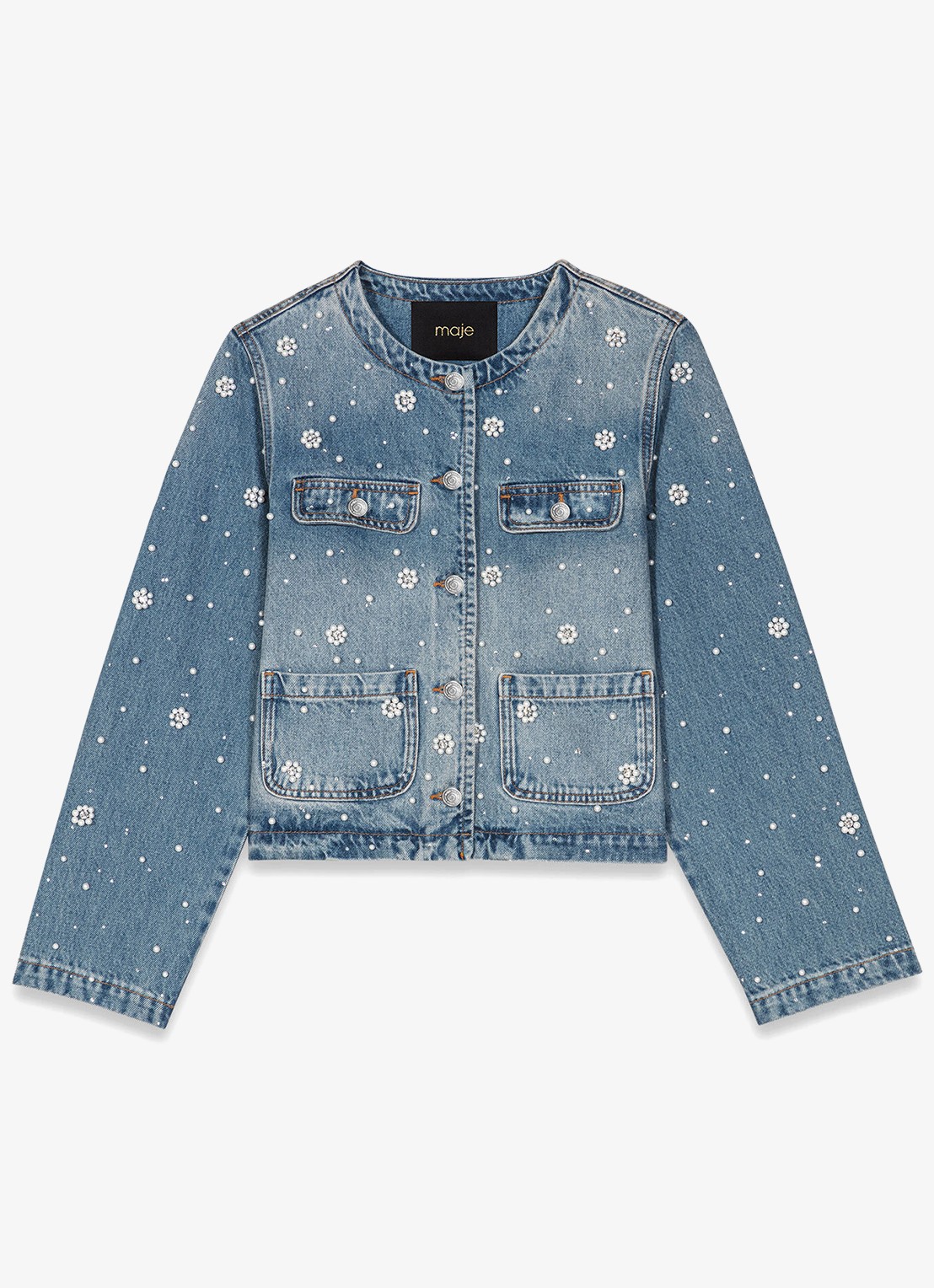 Maje Cropped spijkerjas met borduring - voorkant indigo