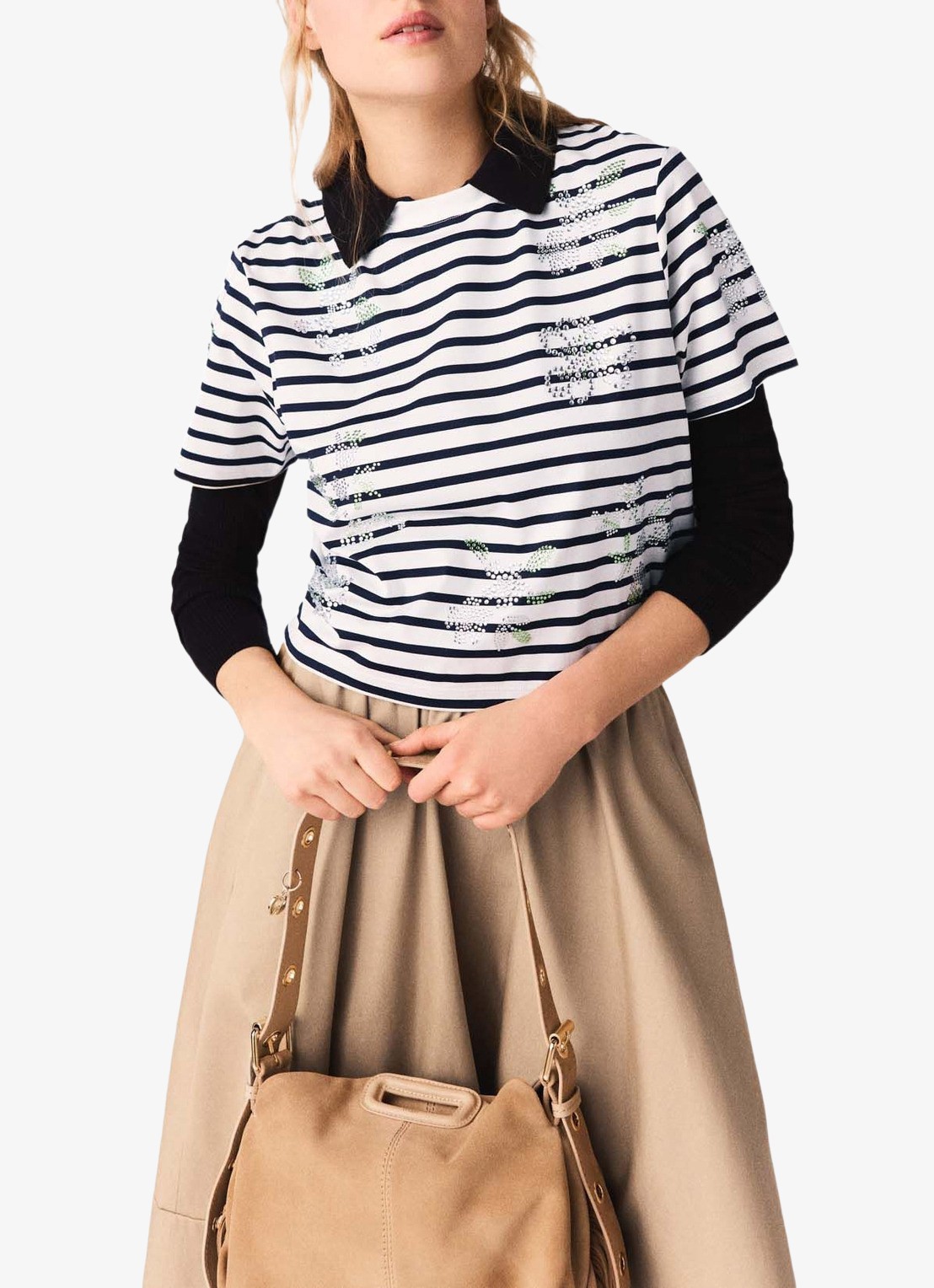 Maje Cropped T-shirt met streepprint en strass - detail 4 wit