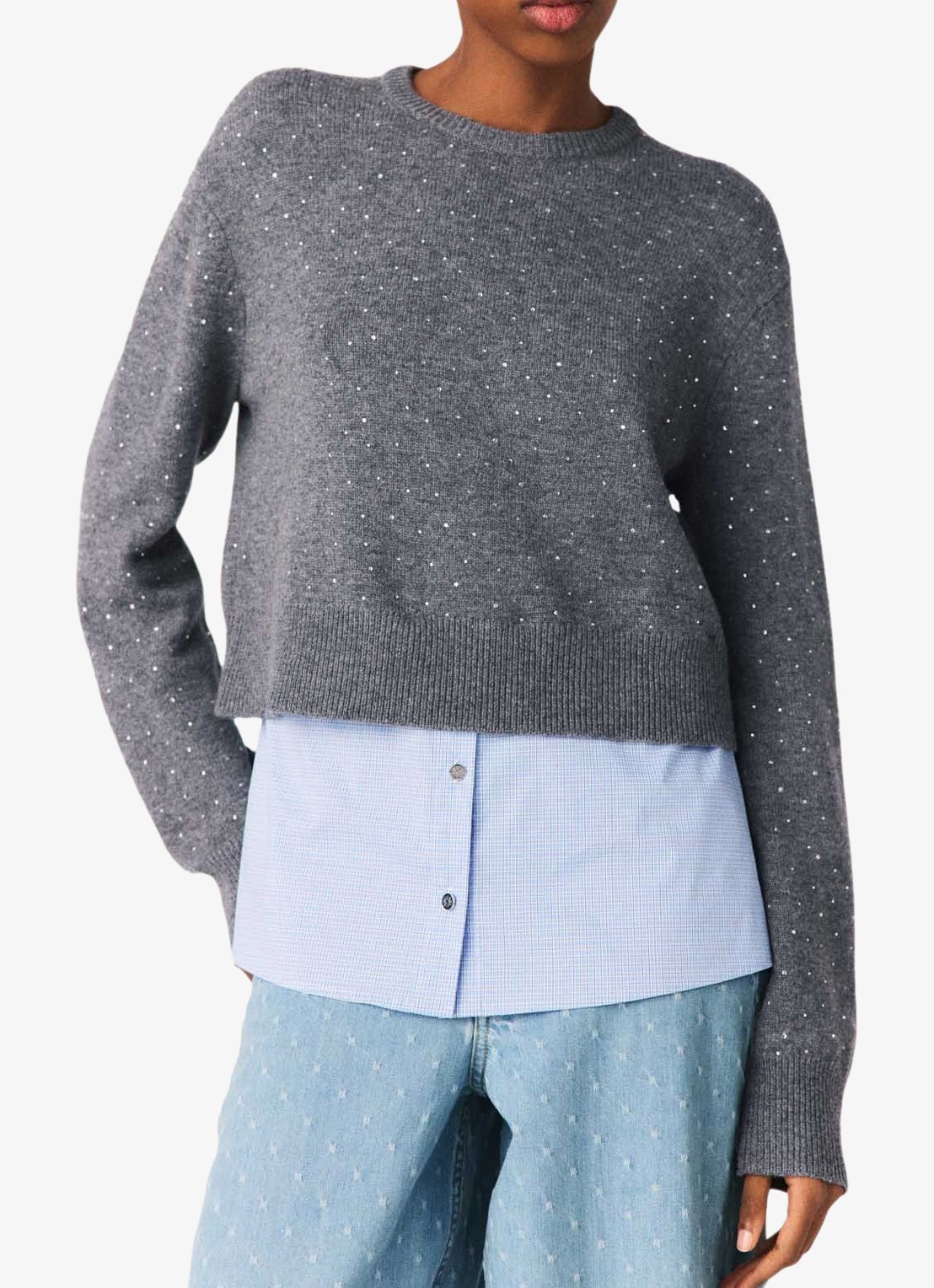 Maje Cropped trui in wolblend met strass en afneembare details - detail grijs