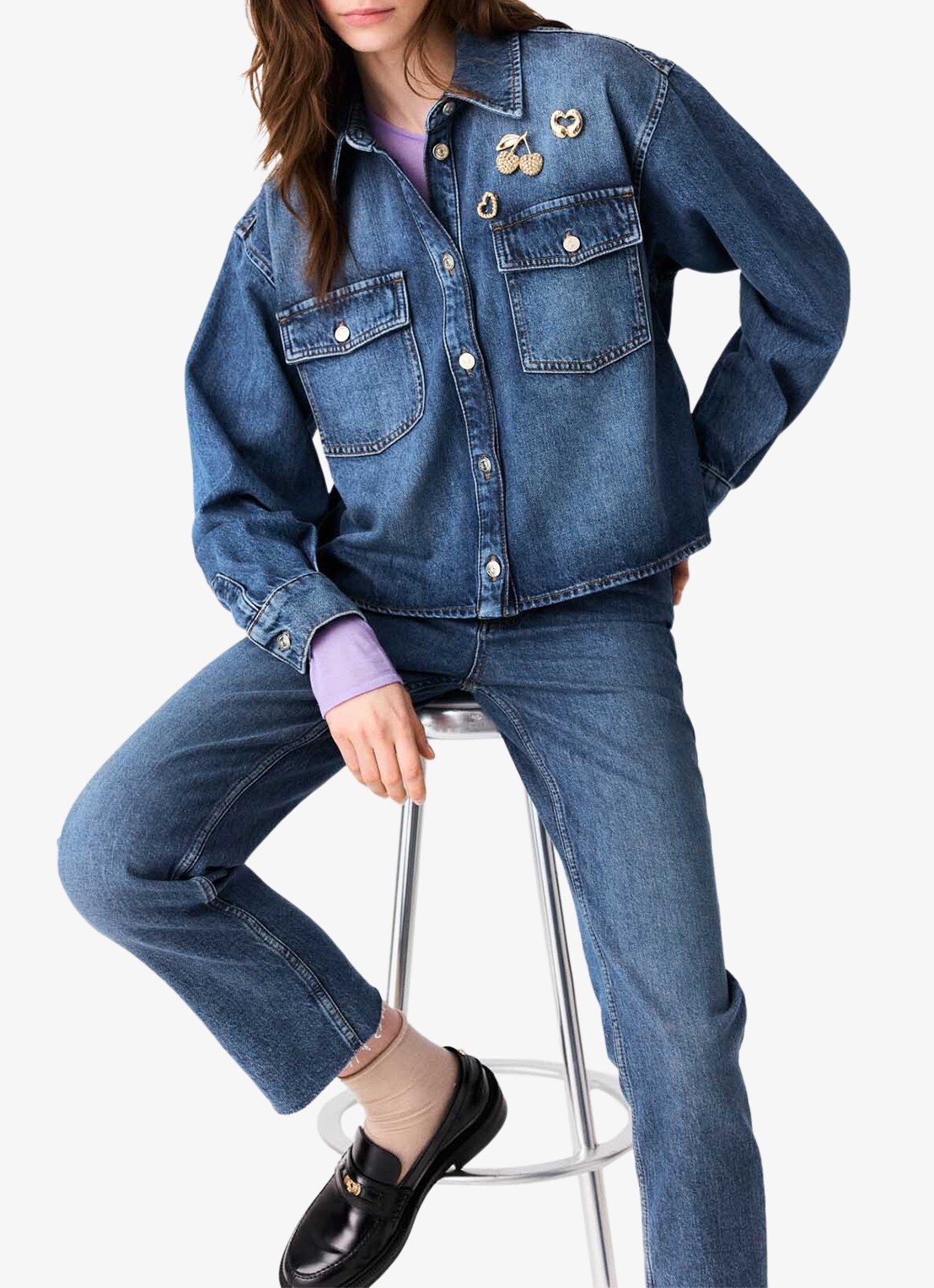 Maje Denim overshirt met sierlijke pins - detail 3 donkerblauw
