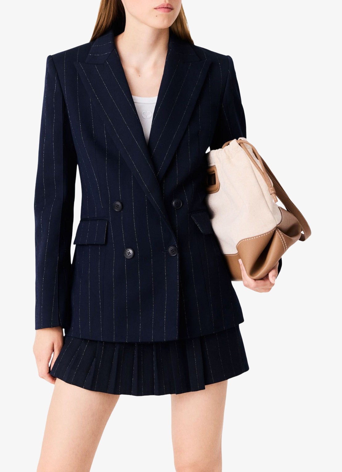 Maje Double-breasted blazer in wolblend met krijtstreep - detail donkerblauw
