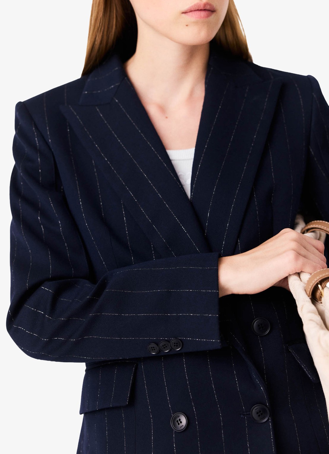 Maje Double-breasted blazer in wolblend met krijtstreep - detail 4 donkerblauw