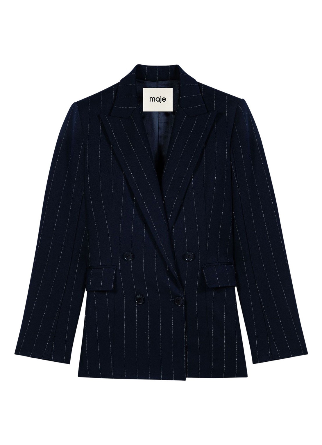 Maje Double-breasted blazer in wolblend met krijtstreep - voorkant 7 donkerblauw