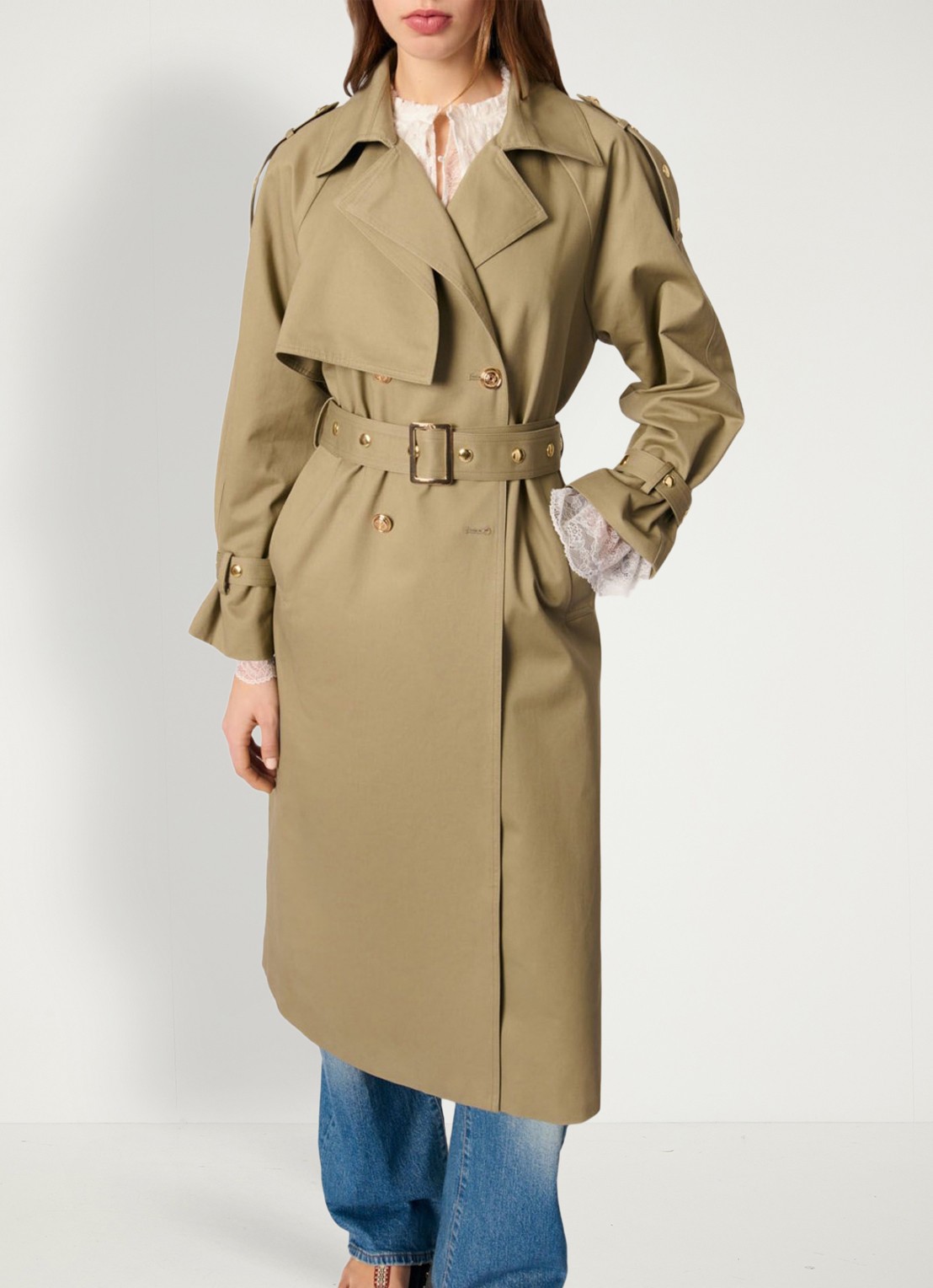Maje Double-breasted trenchcoat met ceintuur - detail 4 khaki