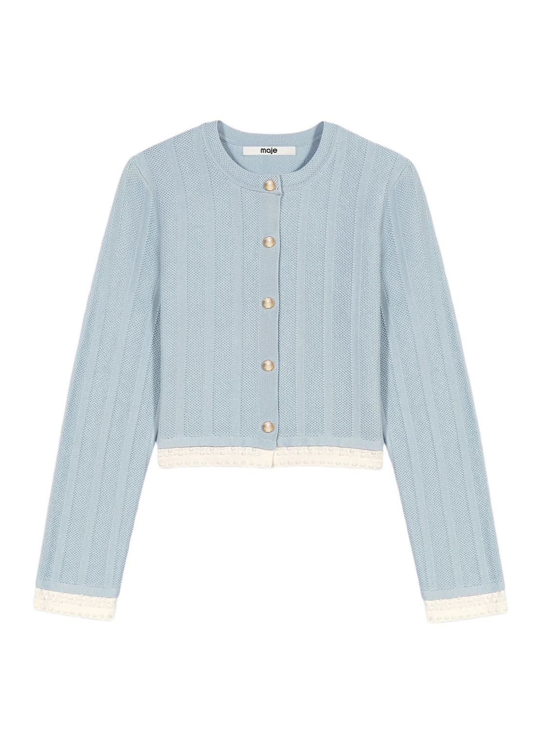 Maje Fijngebreid cropped vest met ronde hals - voorkant lichtblauw