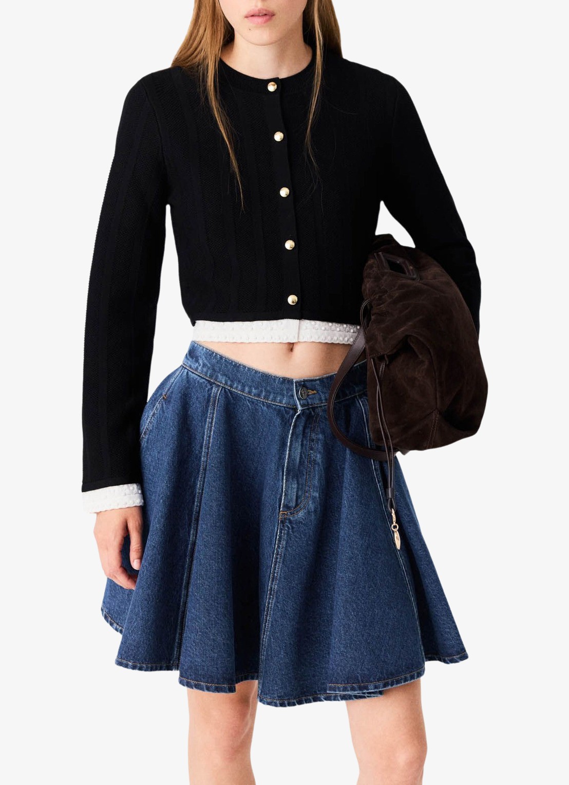 Maje Fijngebreid cropped vest met ronde hals - detail 3 zwart