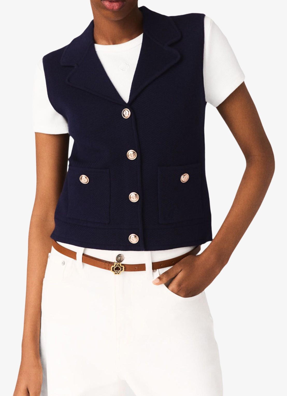 Maje Fijngebreid gilet in wolblend met kraag - detail 2 donkerblauw