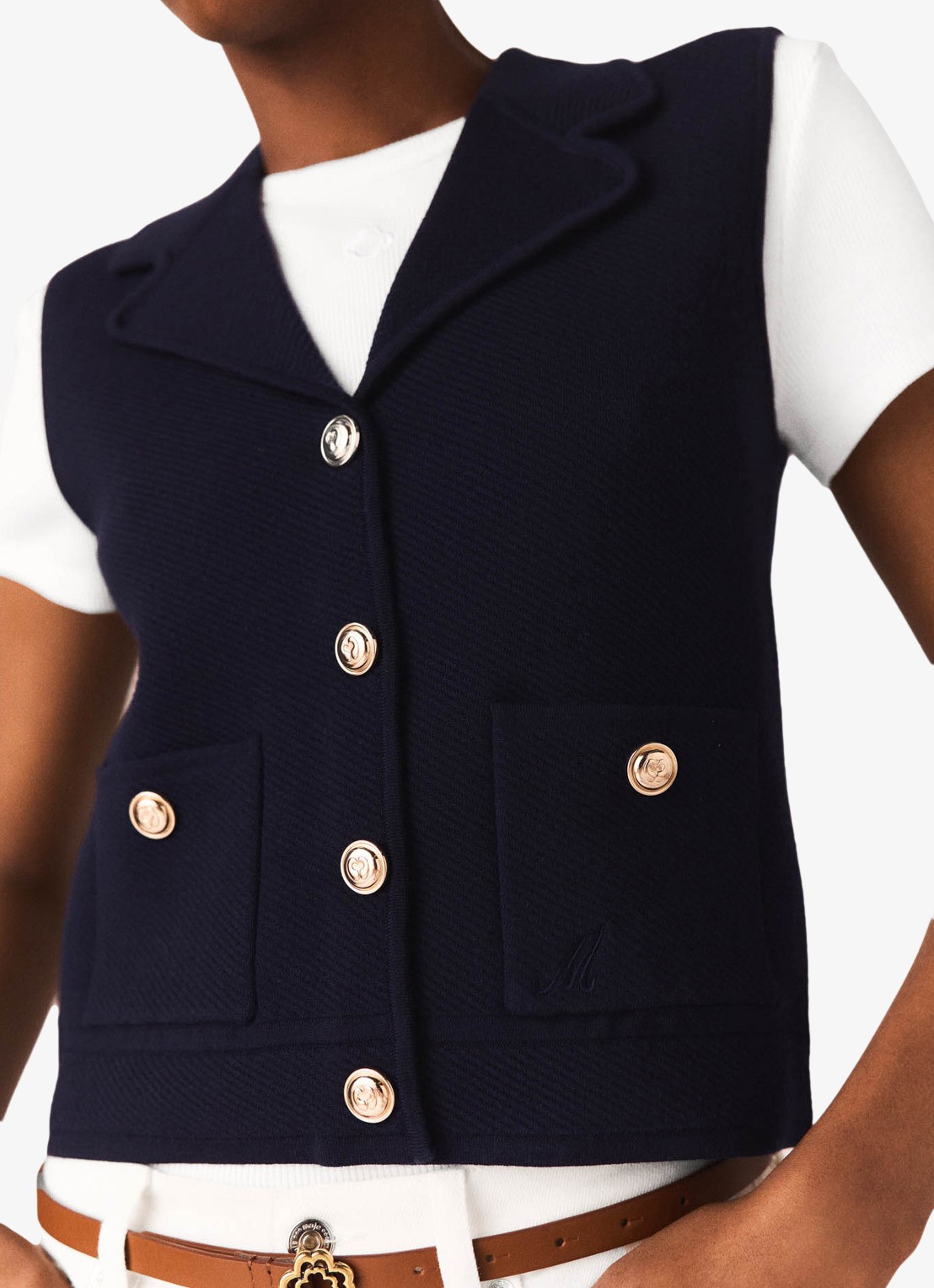Maje Fijngebreid gilet in wolblend met kraag - detail 5 donkerblauw