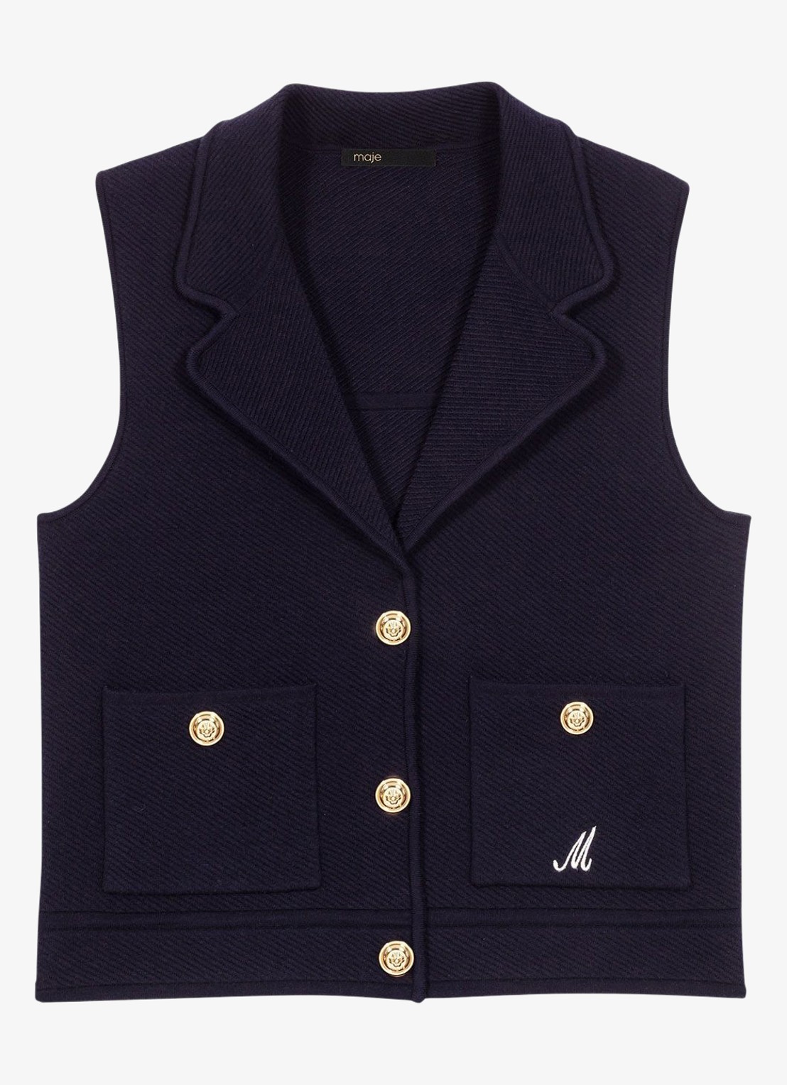 Maje Fijngebreid gilet in wolblend met kraag - voorkant 6 donkerblauw
