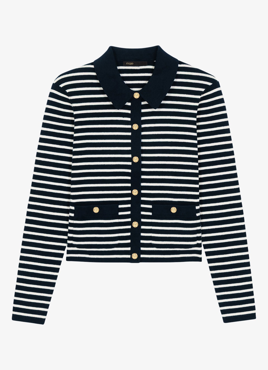 Maje Fijngebreid vest met polokraag en streepprint - voorkant blauw