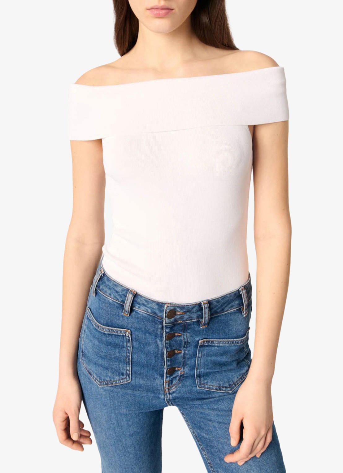 Maje Fijngebreide off shoulder top - detail 3 wit