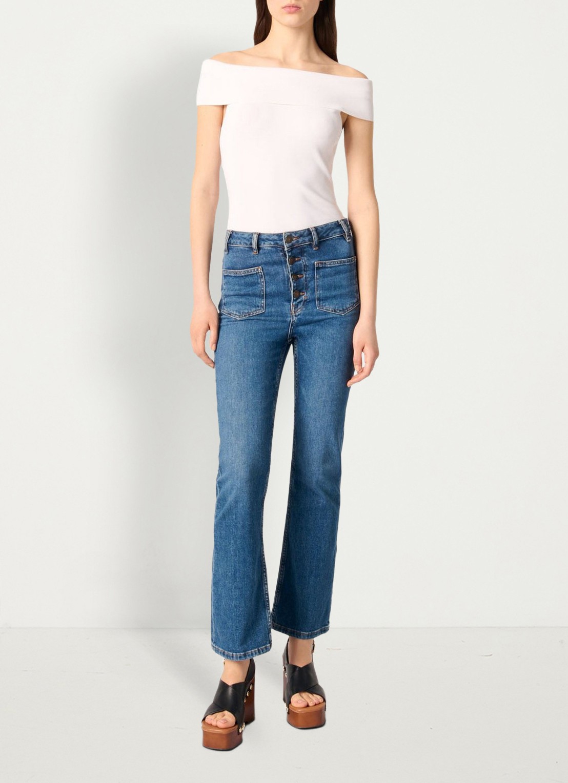 Maje Fijngebreide off shoulder top - voorkant 2 wit