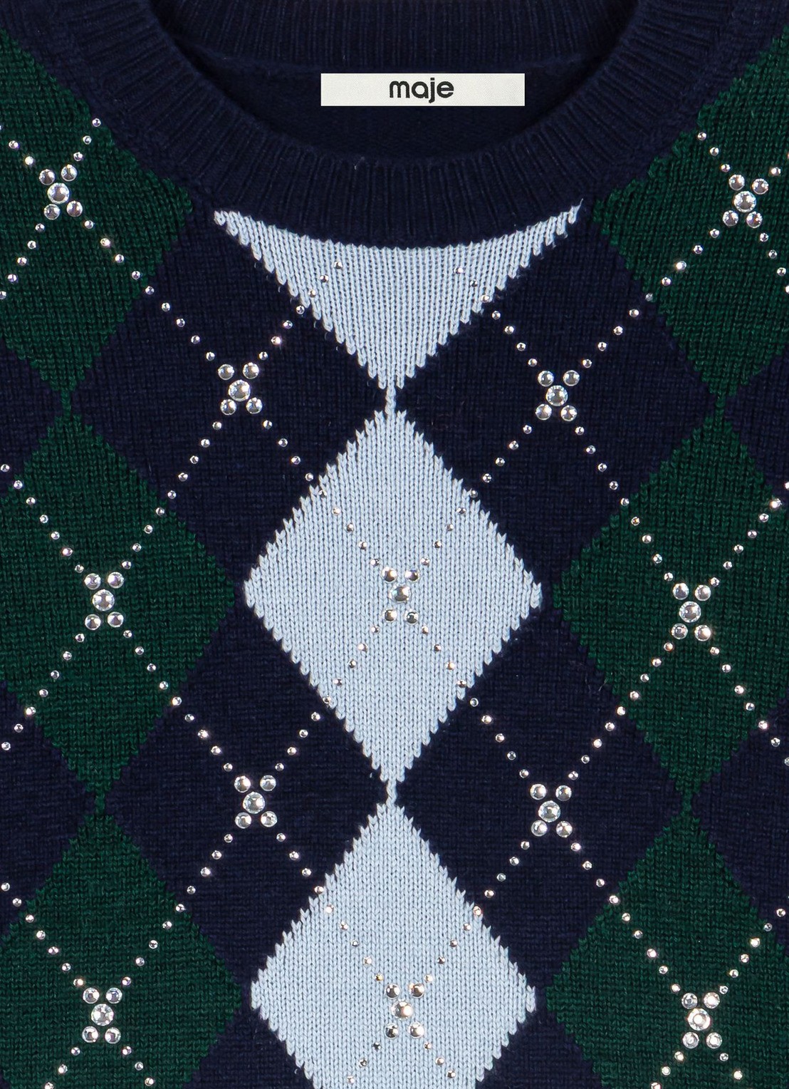 Maje Fijngebreide trui met ruitdessin - detail 2 navy/green