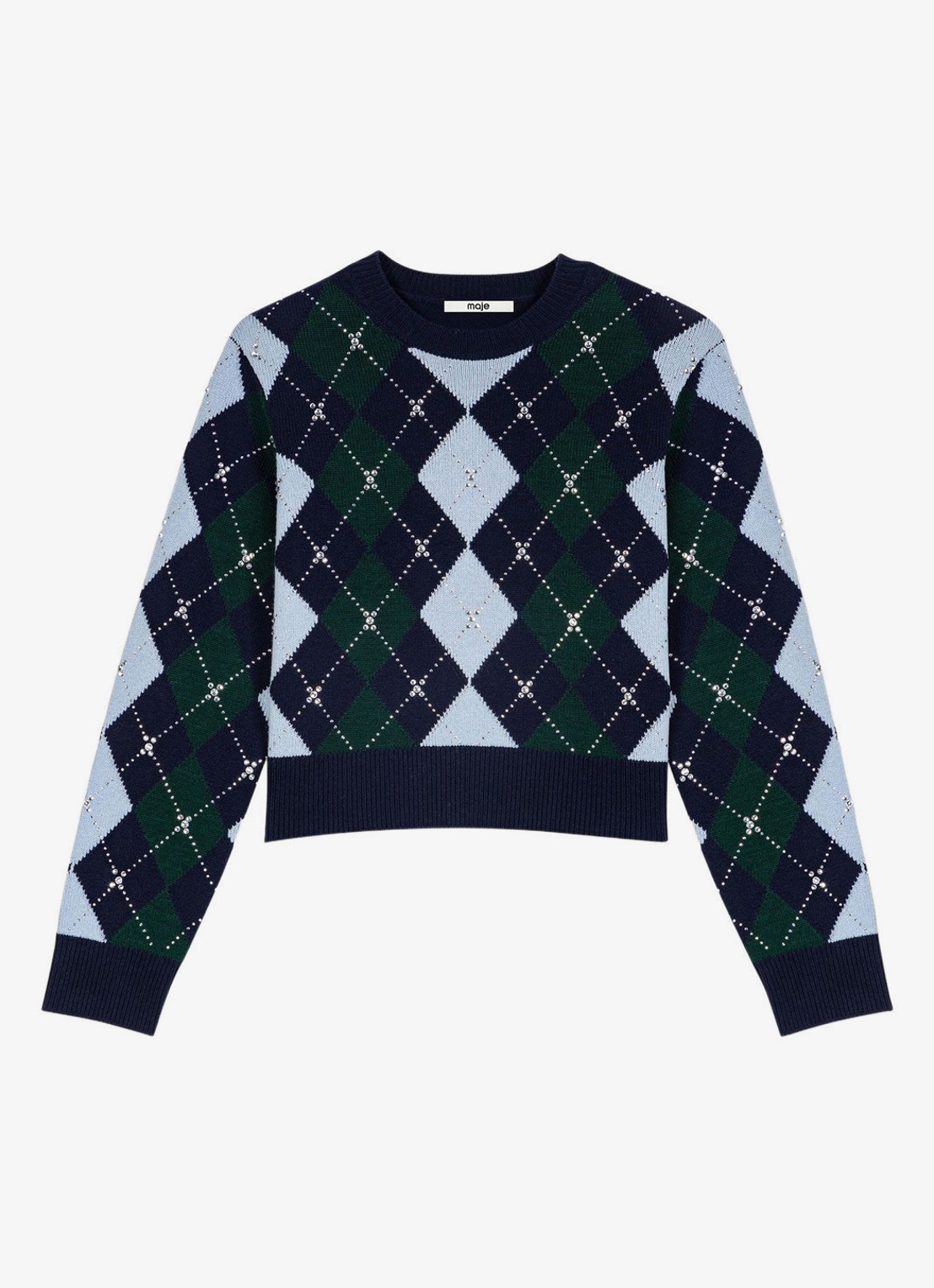 Maje Fijngebreide trui met ruitdessin - voorkant navy/green