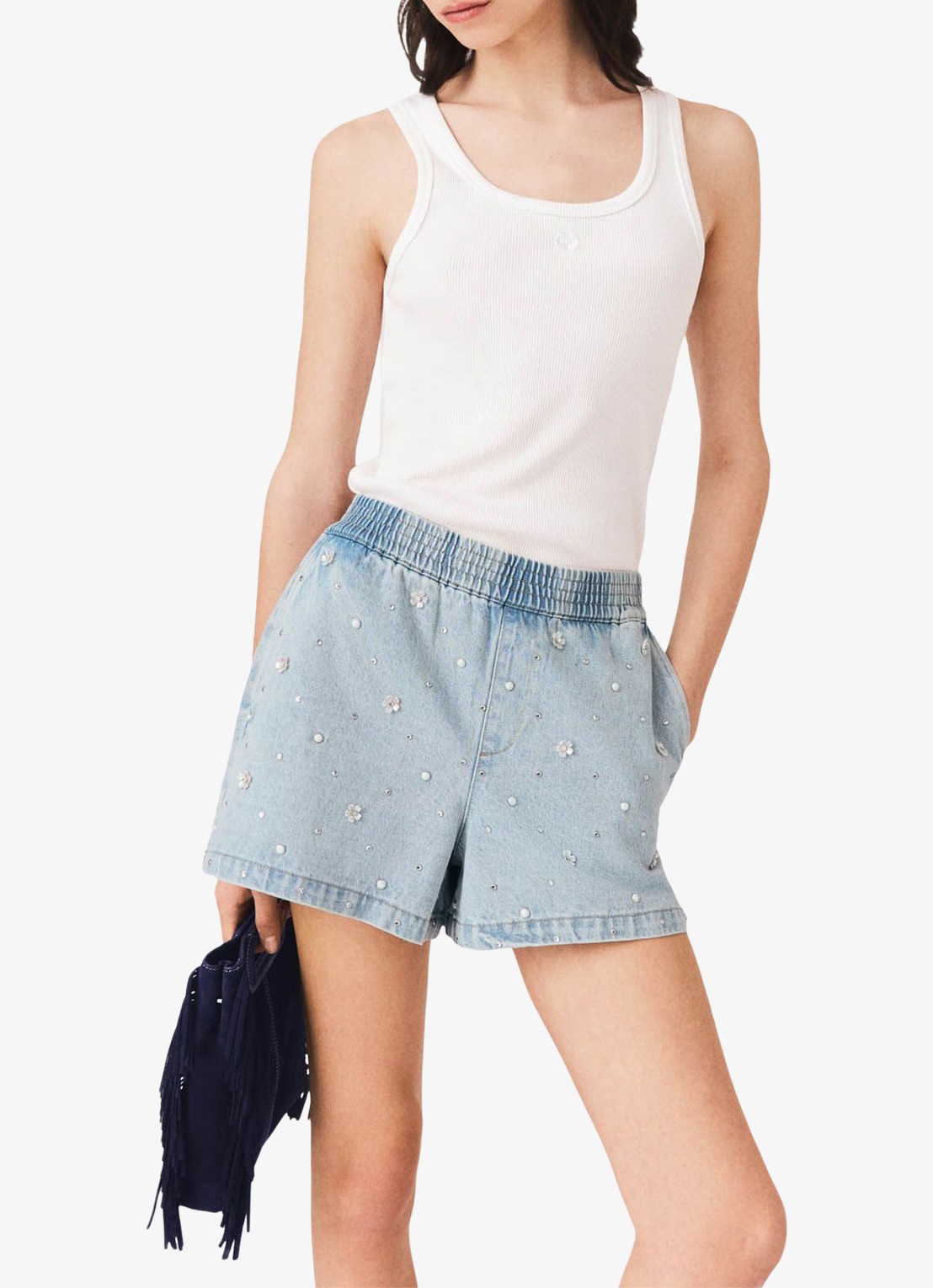 Maje Gebloemde denim shorts - detail 4 lichtblauw