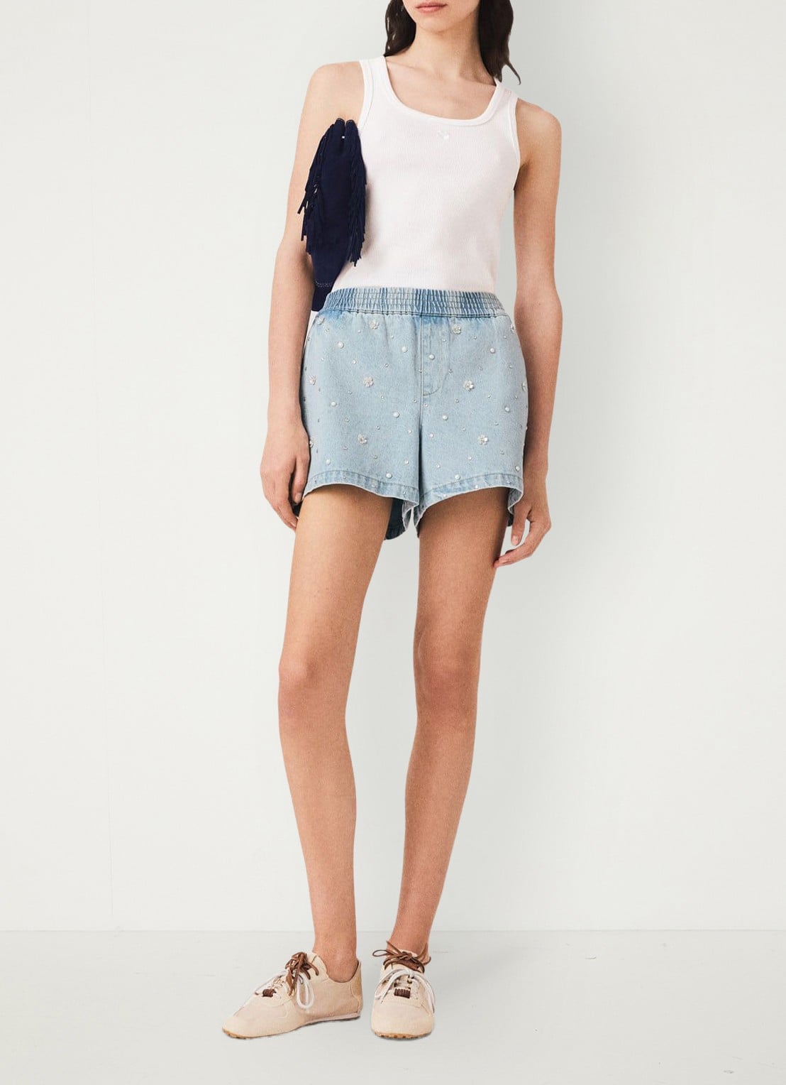 Maje Gebloemde denim shorts - voorkant 2 lichtblauw