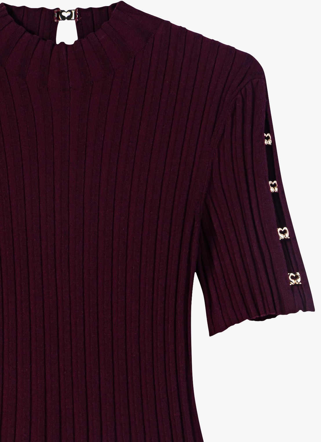 Maje Gebreide midi-jurk met plissérok - detail bordeauxrood