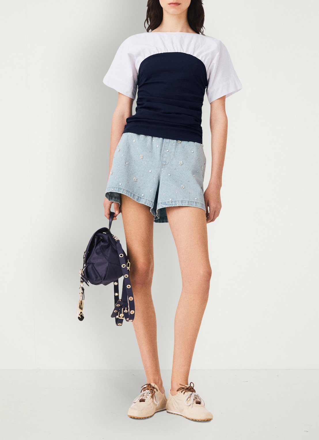 Maje Geplooide jersey top - voorkant 3 wit / navy