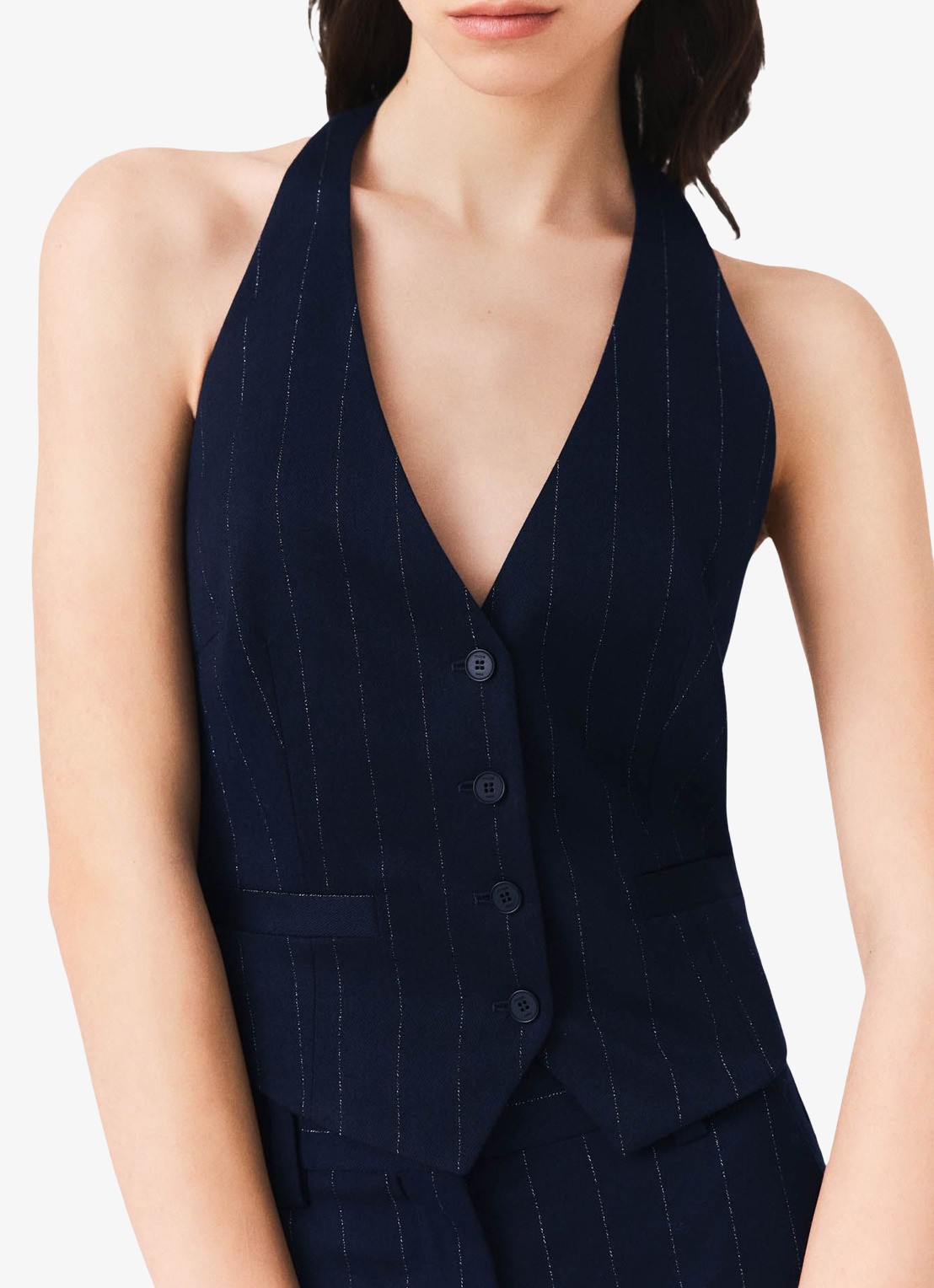 Maje Gilet in wolblend met krijtstreep - detail 5 donkerblauw