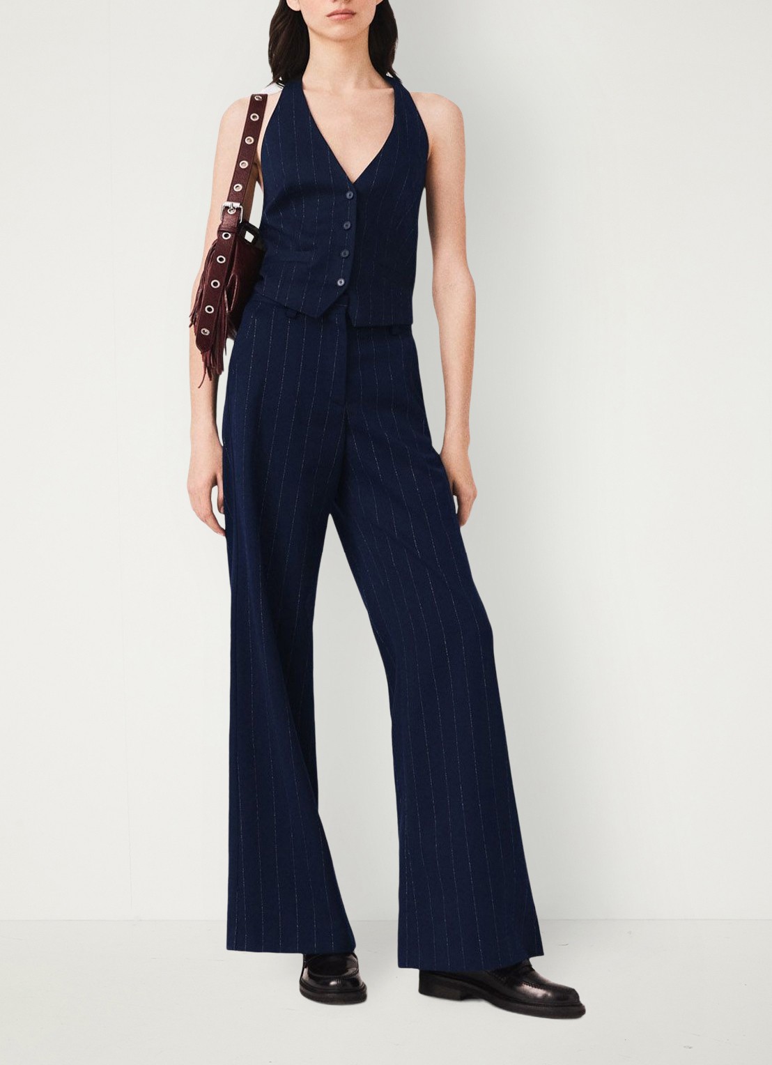 Maje Gilet in wolblend met krijtstreep - voorkant 8 donkerblauw