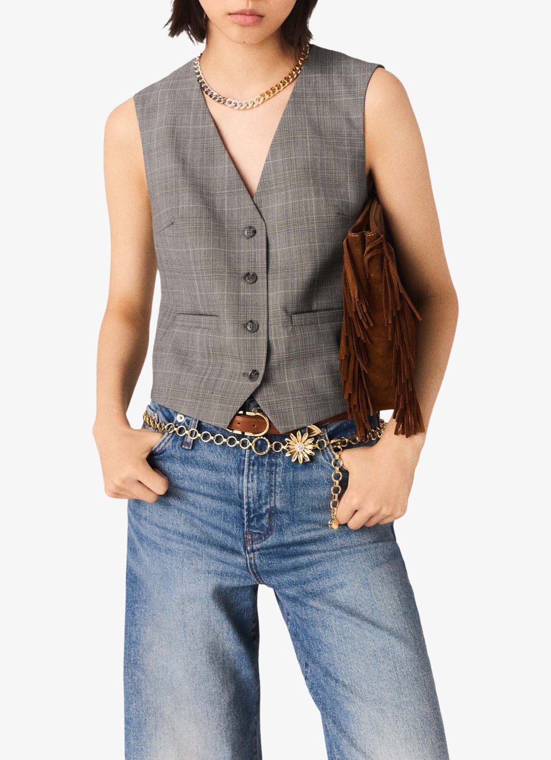 Maje Gilet in wolblend met ruitdessin - detail 3 grijs