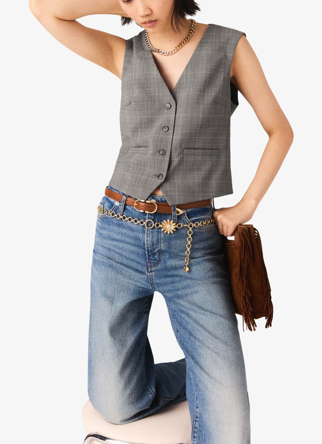 Maje Gilet in wolblend met ruitdessin - detail 4 grijs