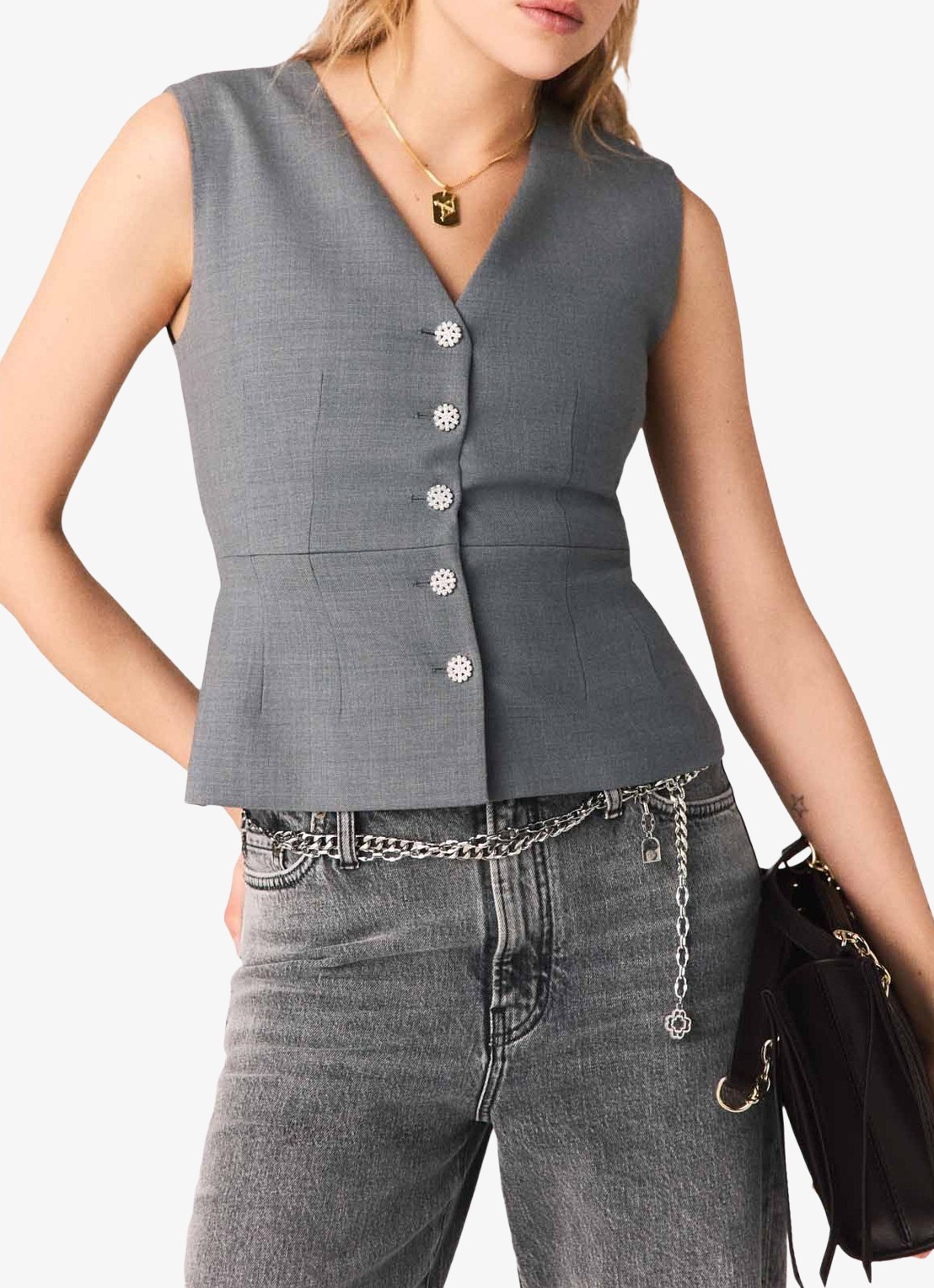 Maje Gilet in wolblend met V-hals - detail grijs