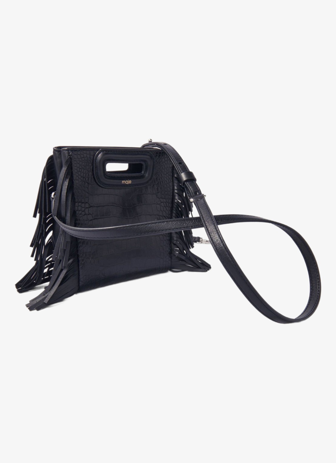 Maje Handtas van geitenleer met franjes - detail jeans
