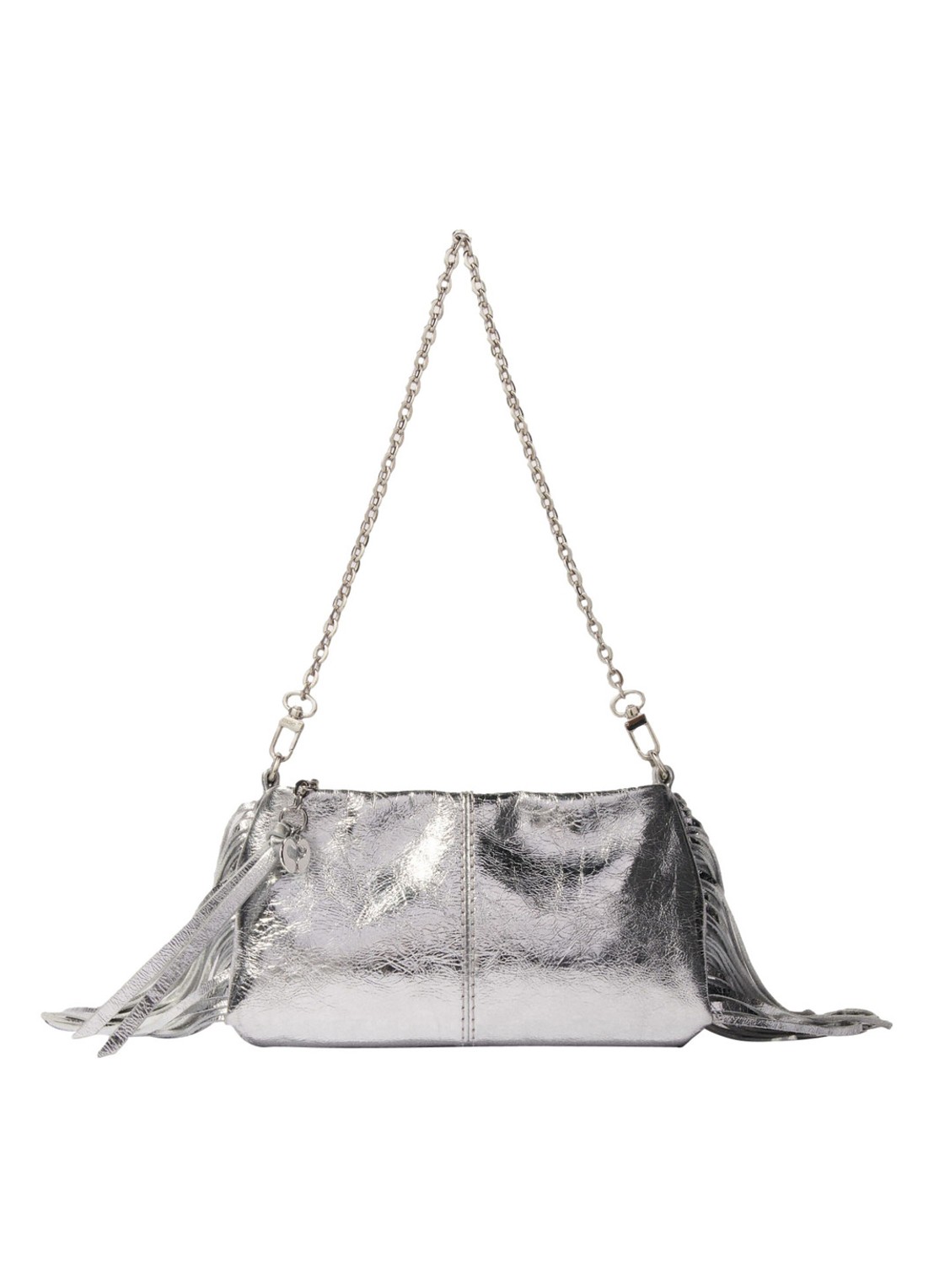 Maje Handtas van leer met franjes en metallic finish - voorkant zilver