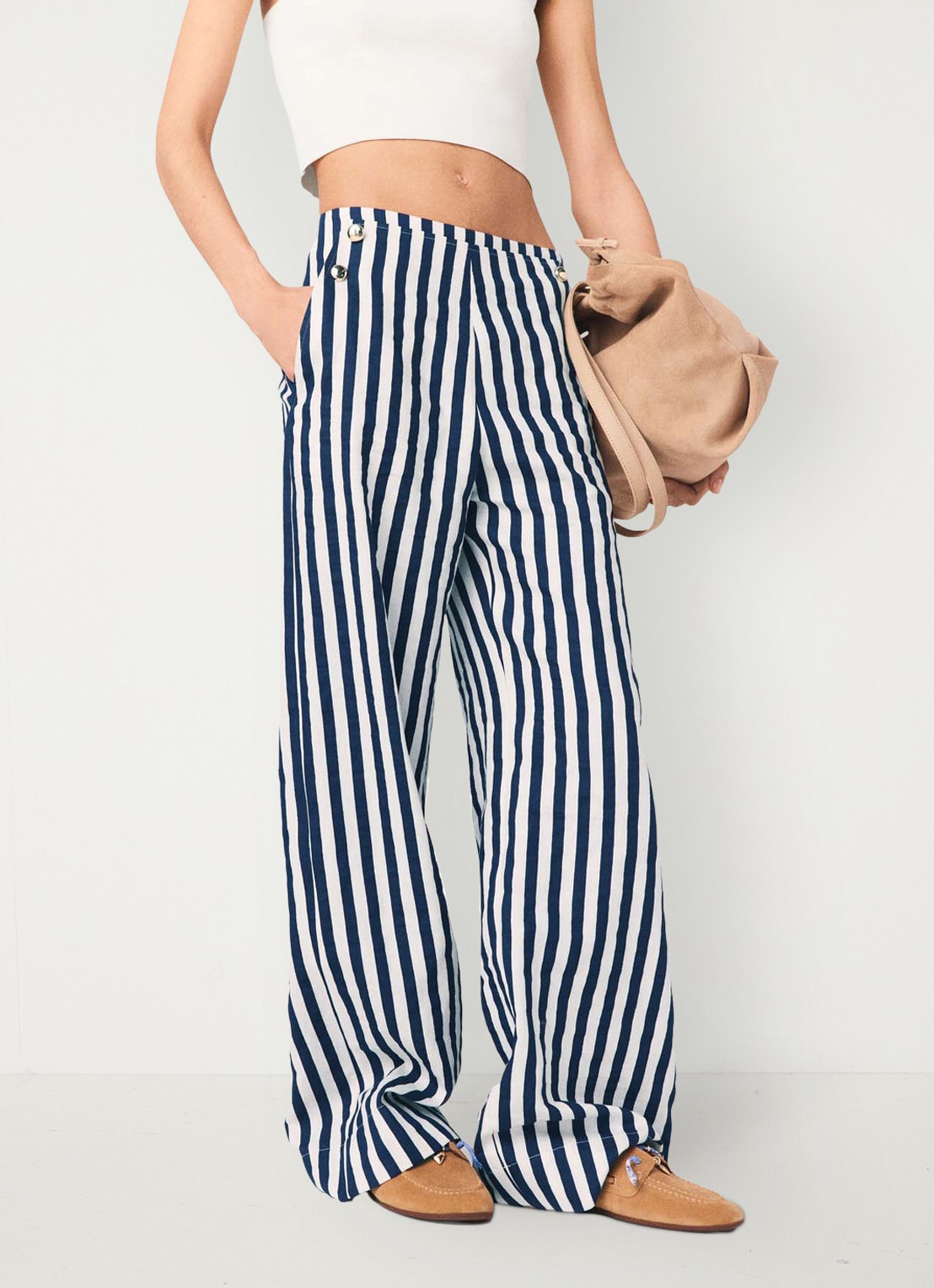 Maje High waist loose fit pantalon met streepprint - detail donkerblauw
