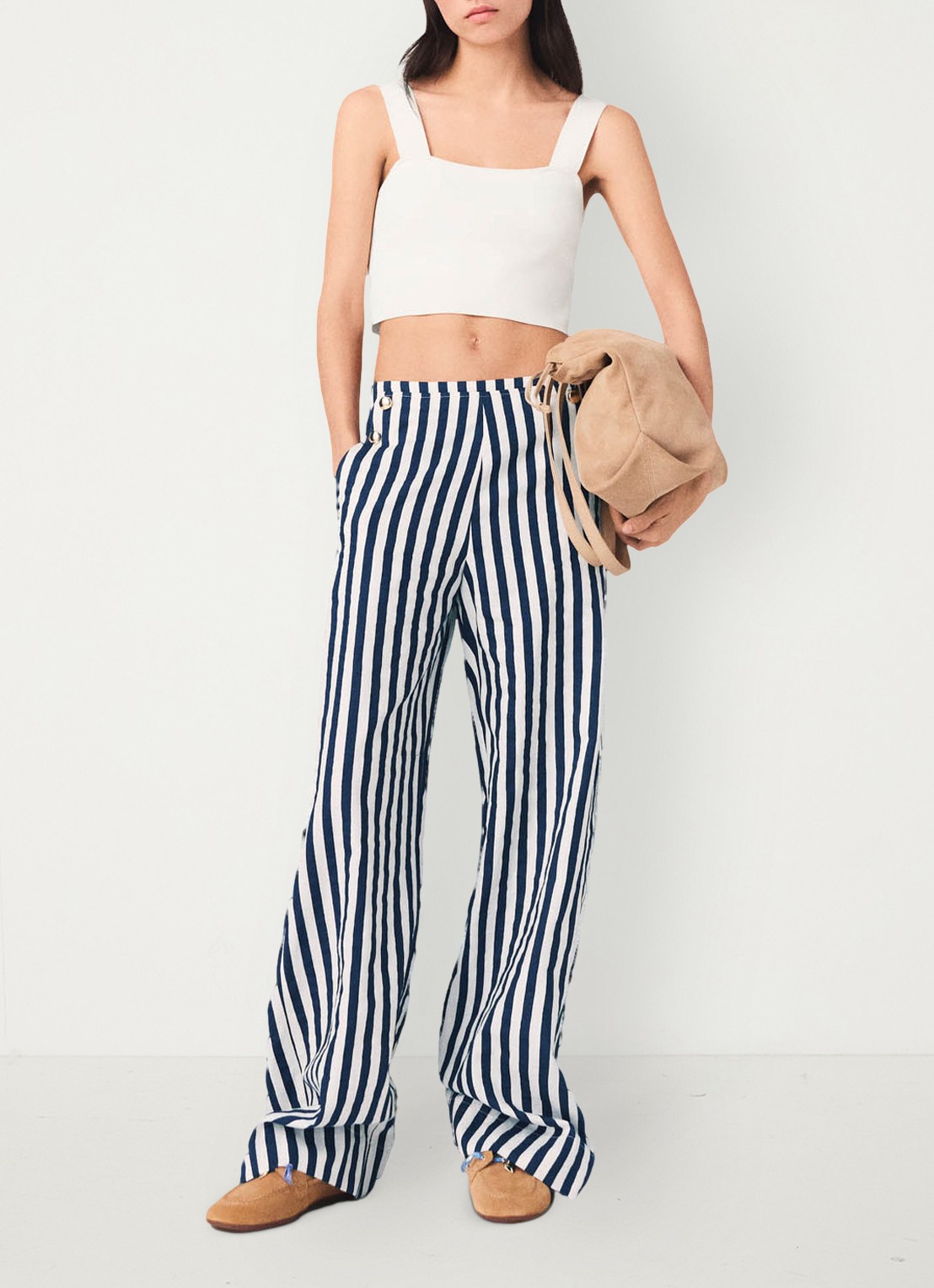 Maje High waist loose fit pantalon met streepprint - voorkant 7 donkerblauw