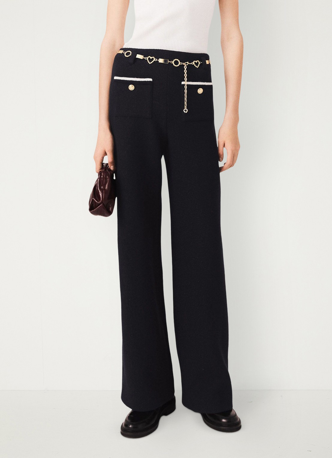 Maje High waist loose fit pantalon met tweed-look - detail zwart