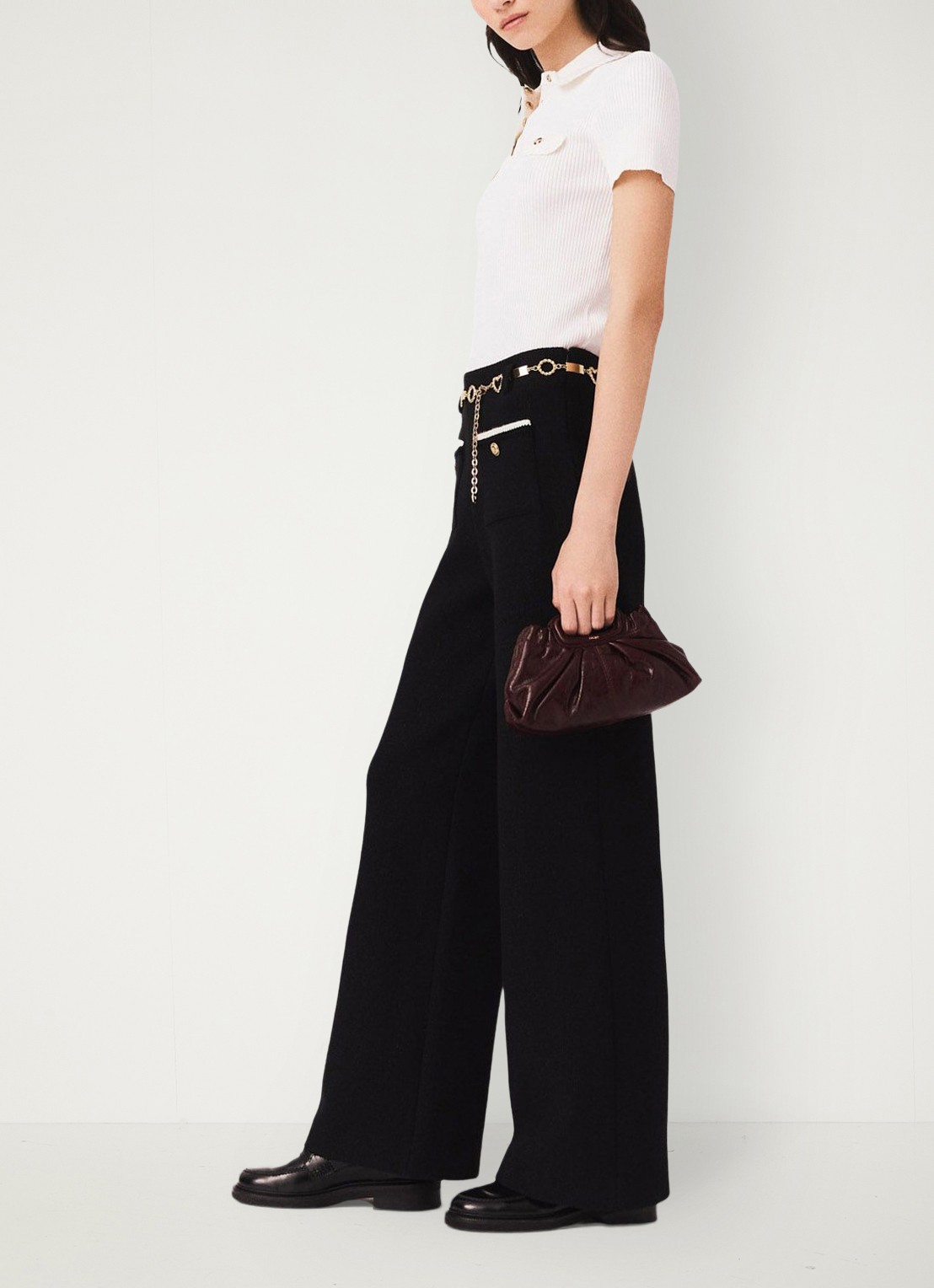 Maje High waist loose fit pantalon met tweed-look - detail 2 zwart