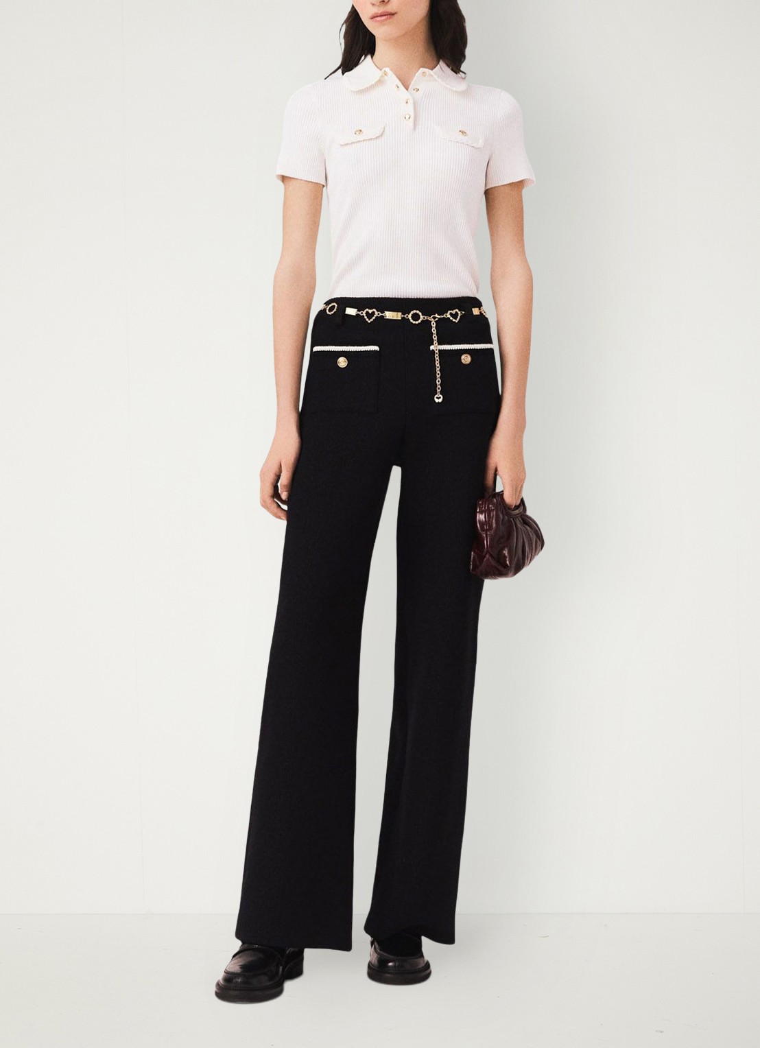 Maje High waist loose fit pantalon met tweed-look - voorkant 8 zwart