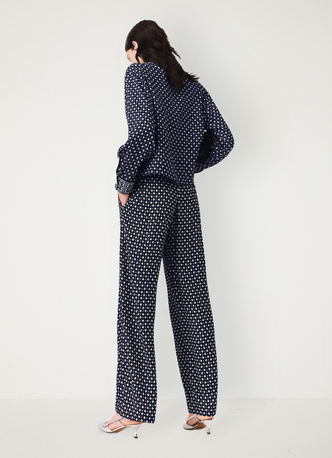 Maje High waist wide fit broek met print - achterkant 3 donkerblauw