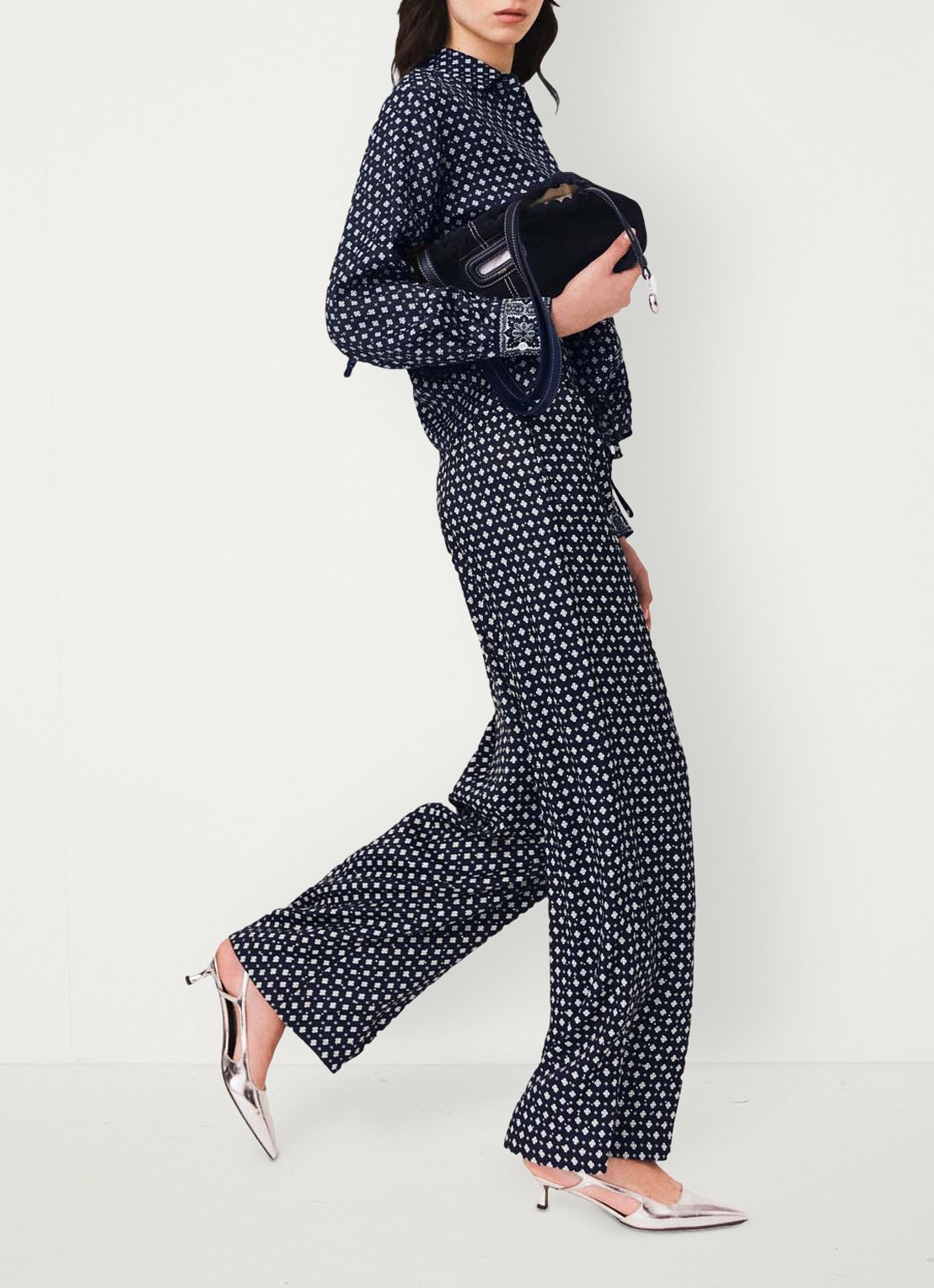 Maje High waist wide fit broek met print - detail 6 donkerblauw