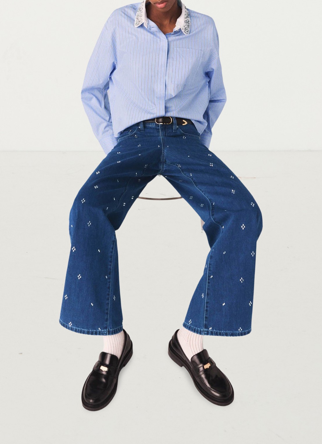 Maje High waist wide fit jeans met strass - detail 3 donkerblauw