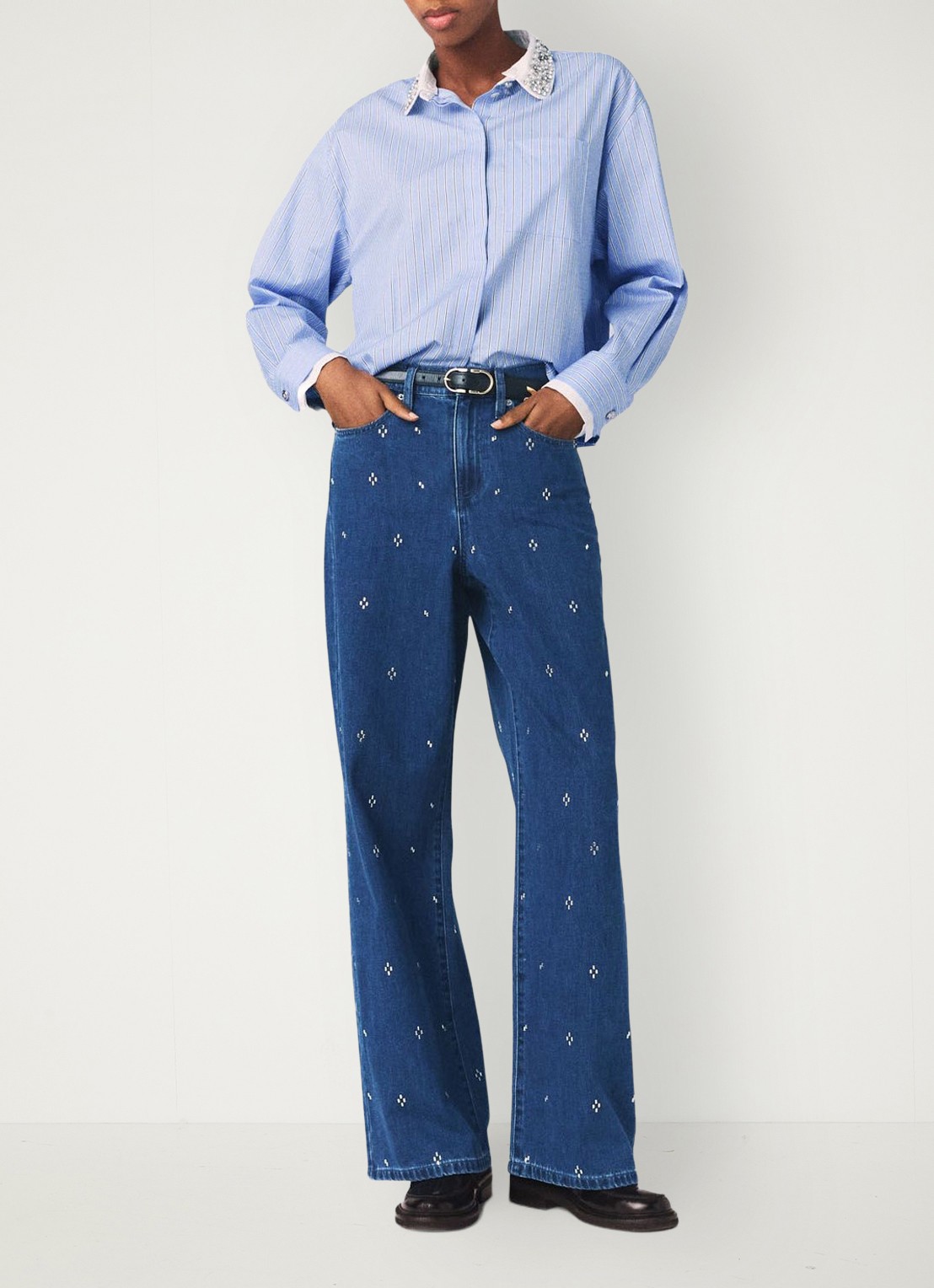 Maje High waist wide fit jeans met strass - voorkant 6 donkerblauw