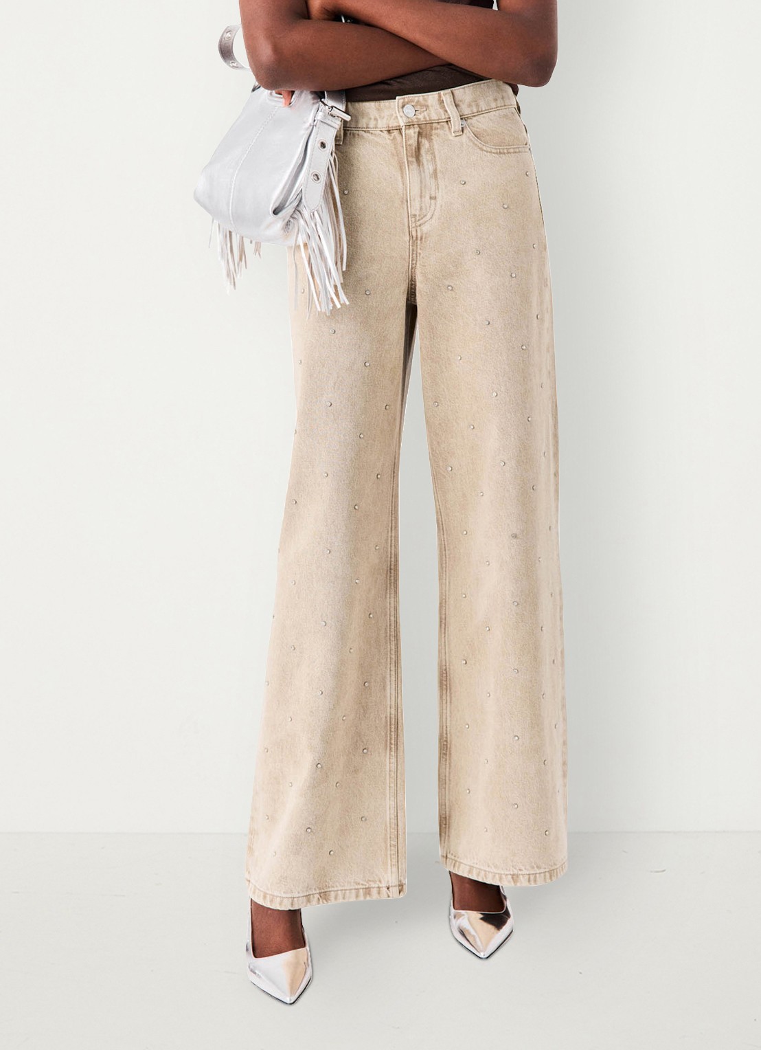 Maje High waist wide fit jeans met strass - detail 3 beige / beige