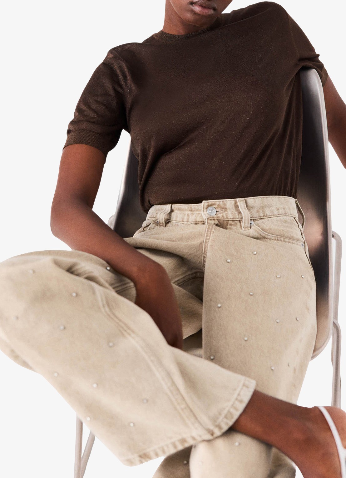 Maje High waist wide fit jeans met strass - detail 5 beige / beige
