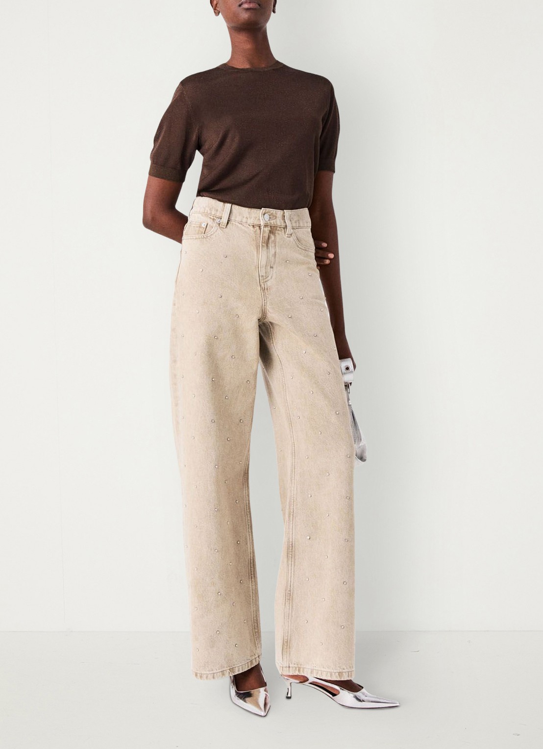 Maje High waist wide fit jeans met strass - detail 7 beige / beige
