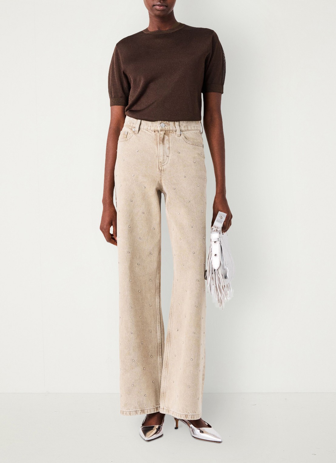 Maje High waist wide fit jeans met strass - voorkant 2 beige / beige