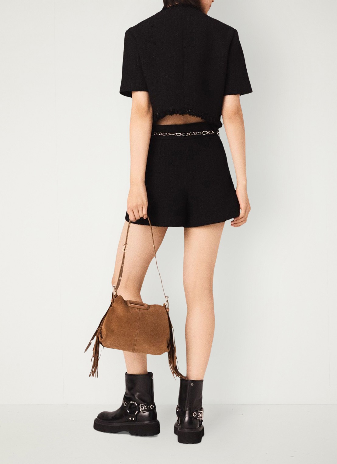 Maje High waist wide fit korte broek met tweed-look - achterkant 6 zwart