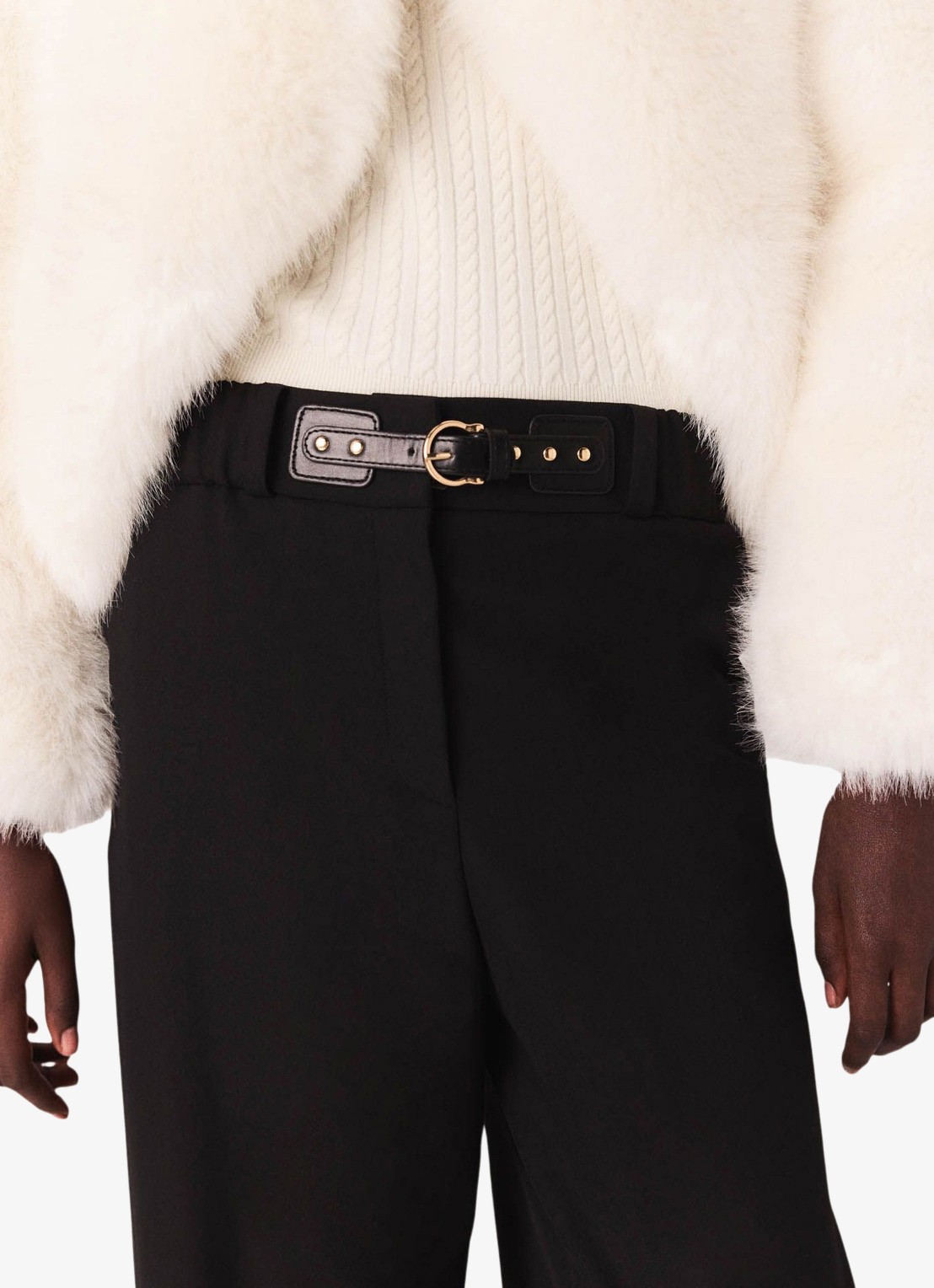 Maje High waist wide fit pantalon in wolblend met gesp - detail 6 zwart