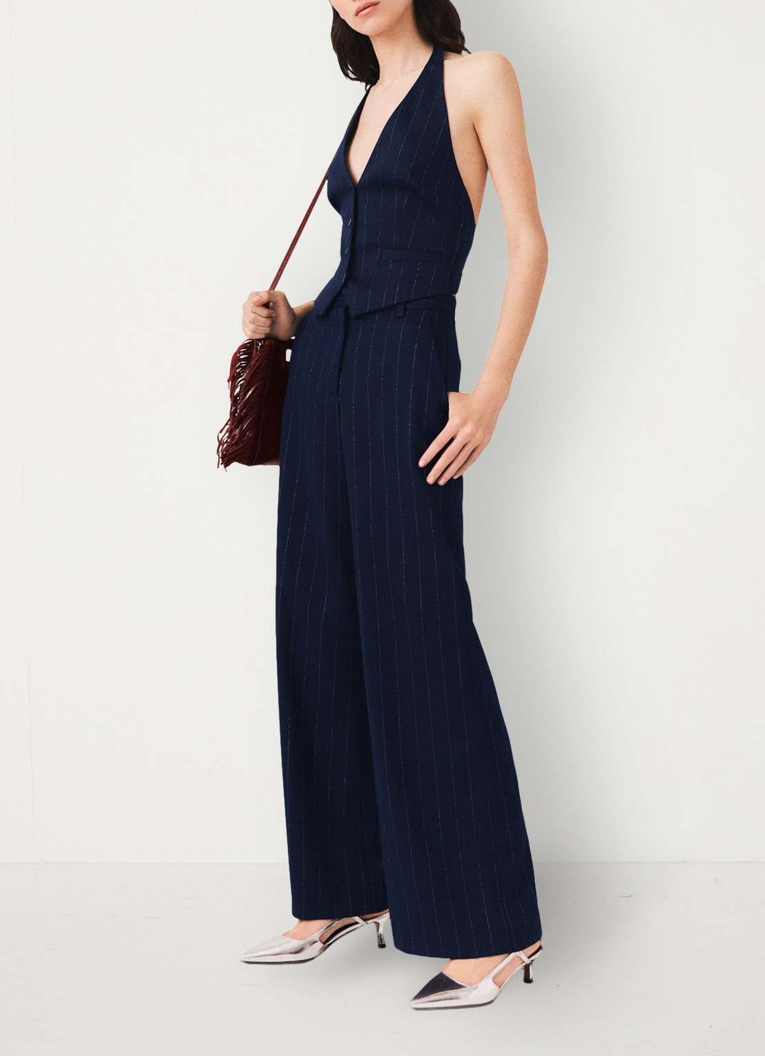 Maje High waist wide fit pantalon in wolblend met krijtstreep - detail 4 donkerblauw