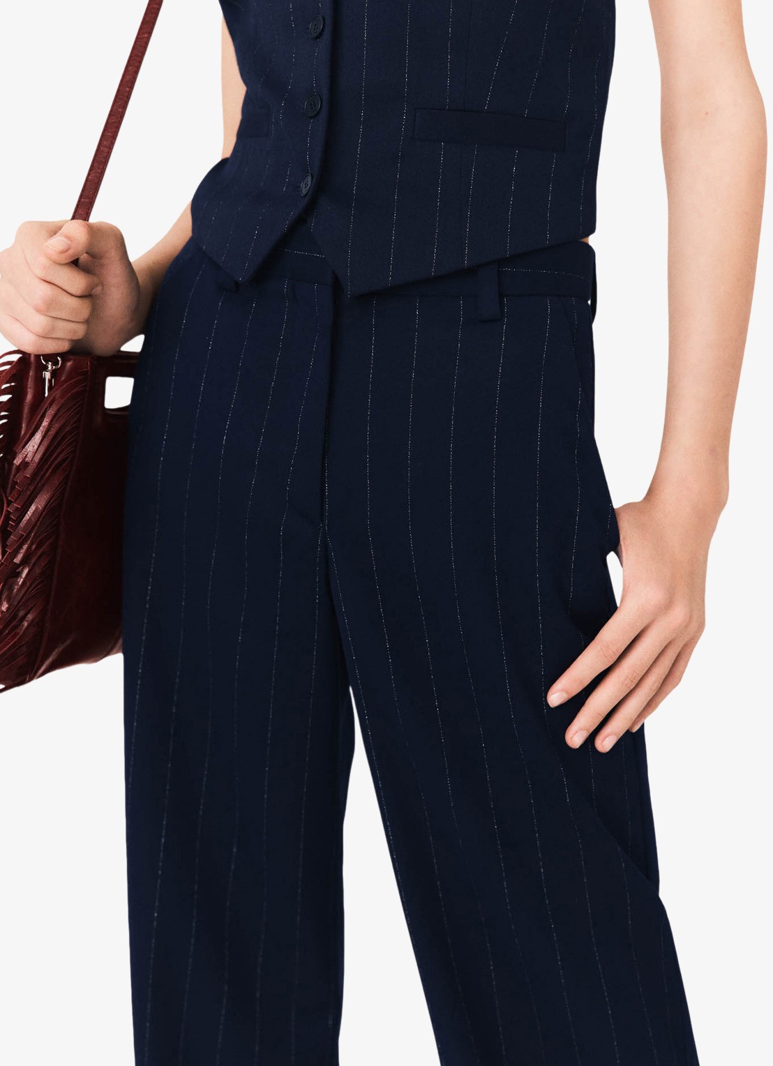 Maje High waist wide fit pantalon in wolblend met krijtstreep - detail 7 donkerblauw