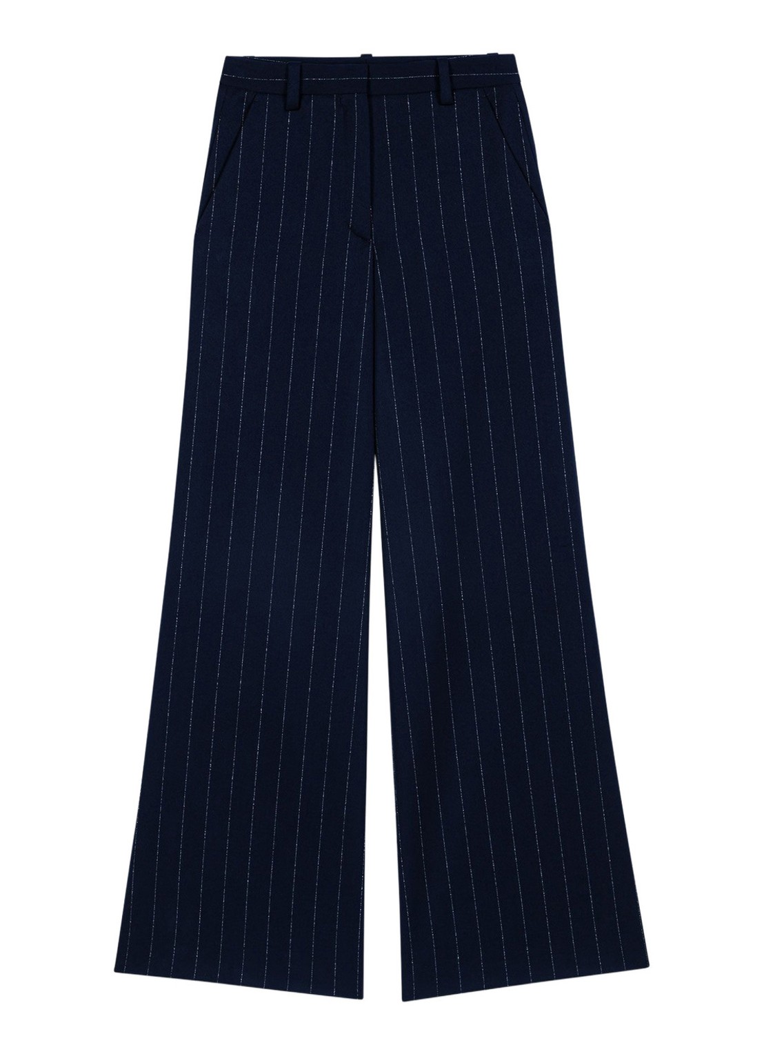 Maje High waist wide fit pantalon in wolblend met krijtstreep - voorkant 2 donkerblauw